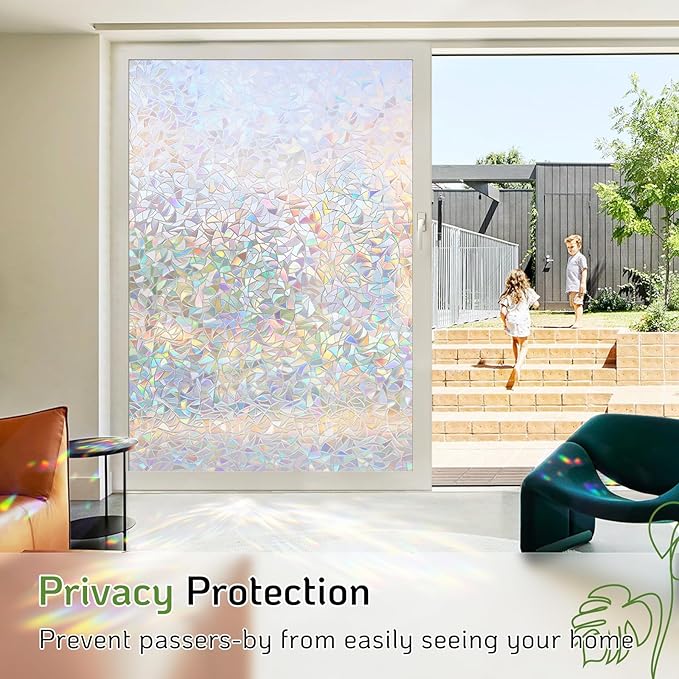 LUTE Window Privacy Film, Rainbow Window Film, 3D Decorative Stained Glass Cling, Non-Adhesive Vinyl Static Cling Removable Glass Stickers, Sun UV Blocking Decal Covering for Home, 17.5 x 118.1 inches