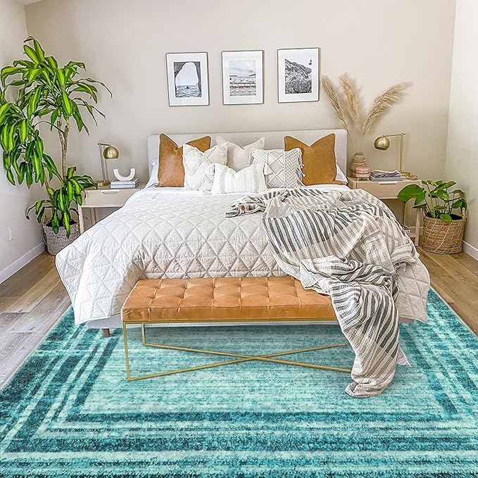 Lahome Amabel Modern Abstract 6x9 Area Rugs for Living Room, Washable Teal Bedroom Rug 6x9 Non Shedding, Low-Pile Soft Minimalist Bordered Indoor Large Carpet for Dining Room Playroom