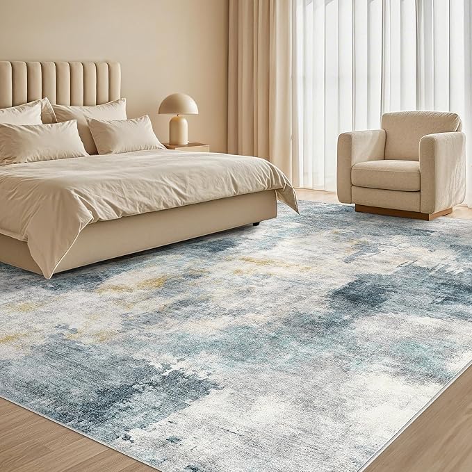 Tortania Washable 6x9 Area Rug for Living Room: Modern Abstract Neutral Large Soft Thin Rugs - Non Slip Indoor Carpet for Bedroom Dining Room Office Nursery Home Floor Decoration - Blue