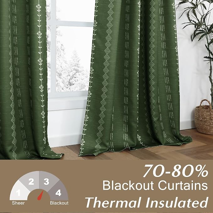 Lino Rosa Olive Green Patterned Black Out Curtains 96 Inch Long 2 Panel Set, Boho Thermal Insulated Blackout Heat Blocking Drapes for Summer Heat, Dark Moss
