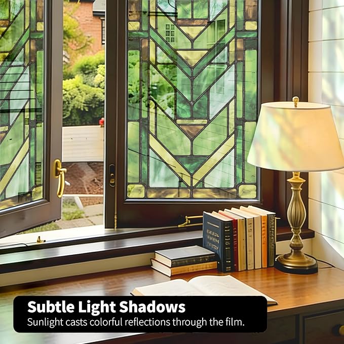Faux Stained Glass Effect Transparent Window Film, Original Hand Drawn Static Cling Home Decal Inspired by Frank Lloyd Wright, 22.83" x35.43" Martin House, Green