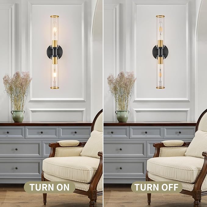 Rayogale Black & Gold Wireless Battery Operated Wall Sconces with Remote | Glass Rechargeable Wall Lights Set of 2 with Timer Function Dimmable for Living Room Bedroom Emergency 3000K, 20.5 Inch