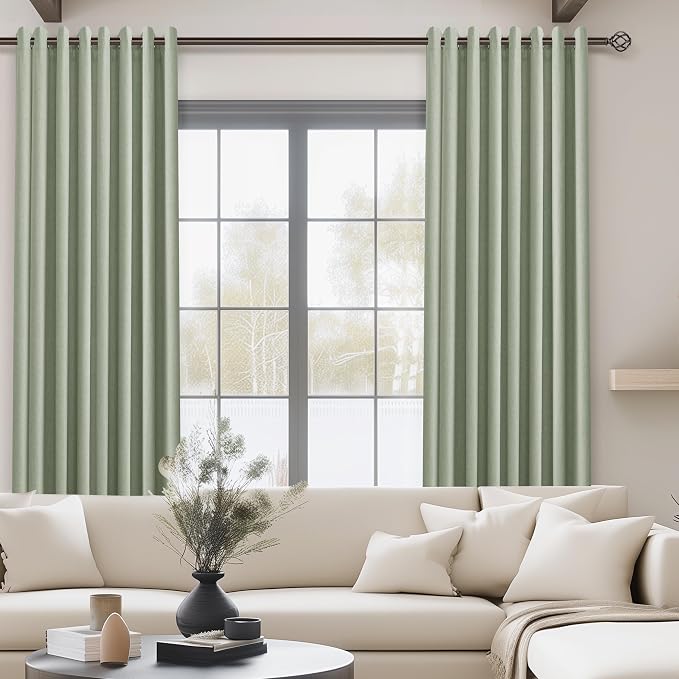 Jowels Light Sage Green Linen Blackout Curtains 96 Length 2 Panels Set for Living Room Bedroom, 100% Black Out Thermal Insulated Linen Drapes, Room Darkening Grommet Curtains 96 Inches Long