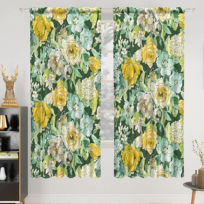 Renaiss 42 x 63 Inch Watercolor Floral Kitchen Curtains Flower Plant Small Short Cafe Window Curtains Rustic Colorful Wildflower Plants Blossom Spring Rod Pocket Tier Window Treatment Drapes 2 Panels