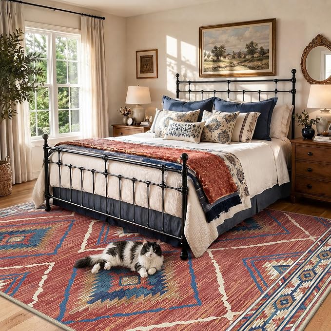 BESTSWEETIE Area Rug 6x9 Rug Machine Washable Non-Slip Low Pile Print Pattern Western Rug for Living Room Bedroom Entryway Tribal Series -Red/Orange