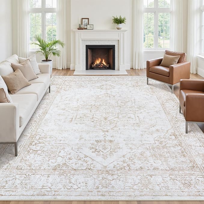 9x12 Area Rugs for Living Room:Beige Washable Vintage Medallion Rug Non-Slip Soft Low Pile Large Rugs Indoor Retro Carpet for Bedroom Kitchen Nursery Dining Table Office (Beige, 9'x12')