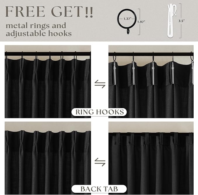 TWODRAPES Black Linen Semi Sheer Curtains 90 Inches Long for Living Room Bedroom Light Filtering Black Textured Burlap Pinch Pleated Curtains 90 Length Hooks Rings Back Tab for Sliding Door 2 Panels