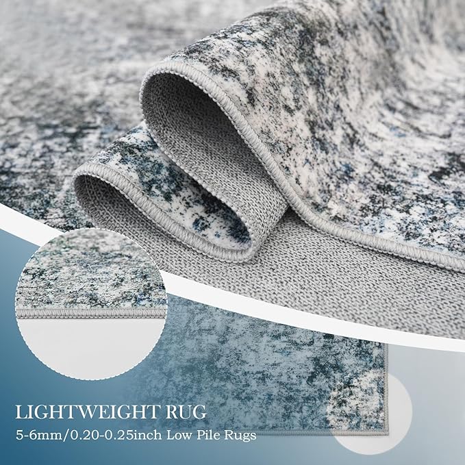 12x12 Square Living Room Area Rug - Washable Large Non-Slip Rug Modern Abstract Floor Carpet Neutral Thin Low-Pile Indoor mat for Bedroom Dining Room Playroom (Blue Gray,12x12)