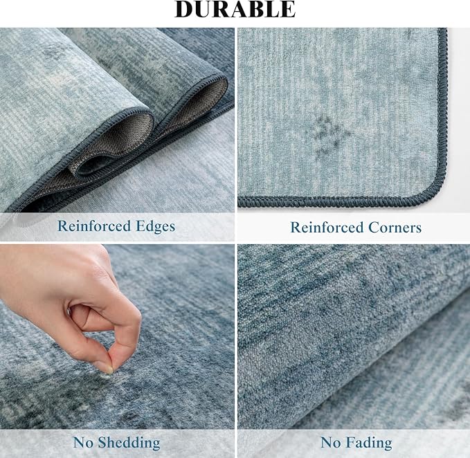 6x9 Washable Area Rug, Blue Solid Area Rugs for Living Room & Bedroom | Stain-resistant & Non-slip backing,Low Pile Washable Large Carpet, Solid Vintage Style For High Traffic Areas(6x9,Blue)
