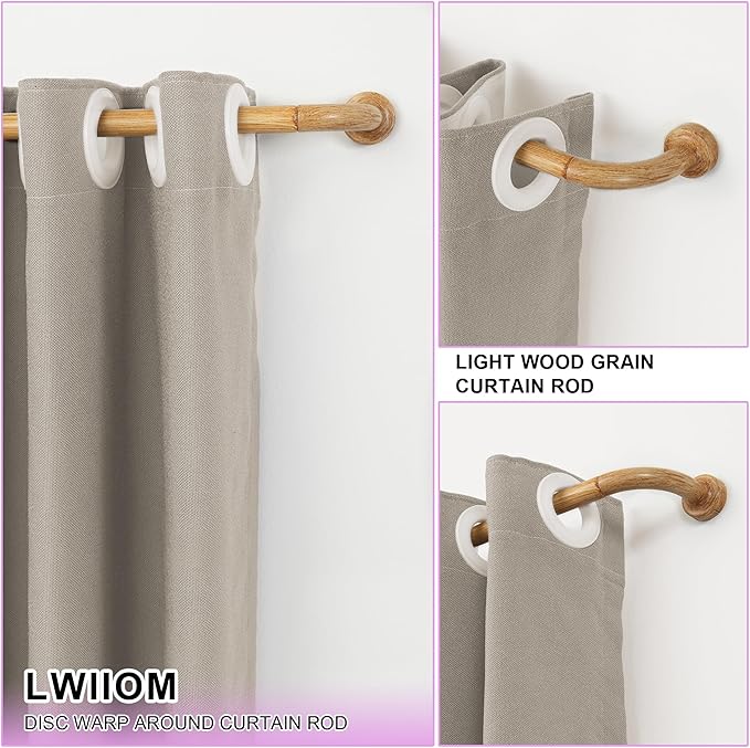 Light Wood Grain Disc Curtain Rods, 28-48 Inches Window Curtain Rod,Adjustable Room Darkening Drapery Rod with Aluminum Finials and Brackets,Wrap Around Design