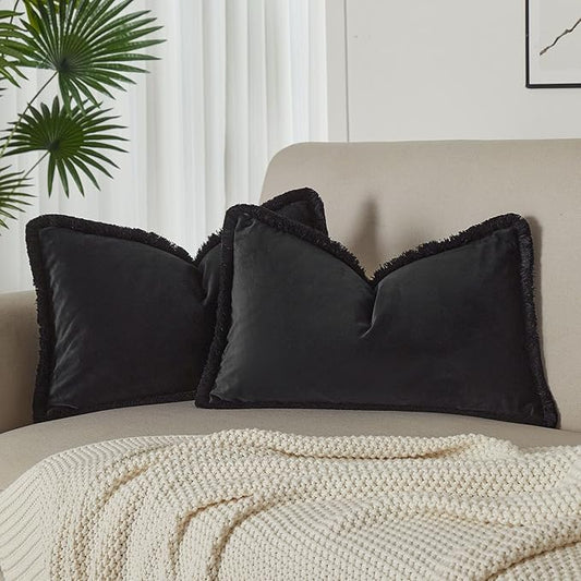 JUSPURBET Pack of 2 Black Decorative Fringe Velvet Lumbar Throw Pillow Covers 12x20 for Home Decor Living Room Bedroom Car Boho Soft Cushion Cover with Hidden Zipper Machine Washable
