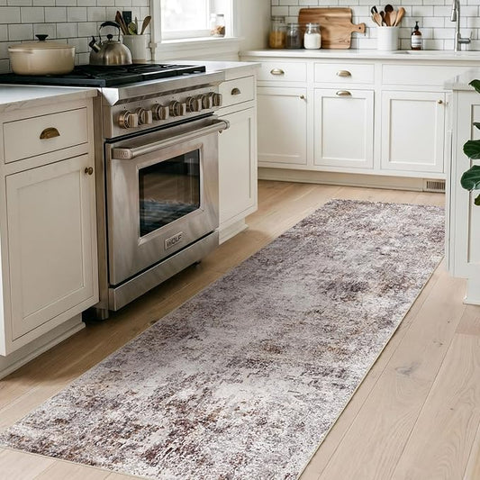 2x6 Washable Kitchen Runner Rug – Abstract Non-Slip Mat with Rubber Backing Indoor Modern Runner Rugs Low-Pile Soft Carpet for Hallway, Bedroom, Entryway, Hardwood (Brick Gray, 2x6)
