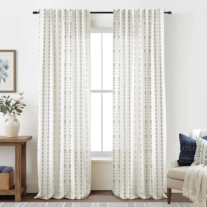 Navy Blue Floral Curtains, 84 Inch Length Vintage Cream White and Blue Vine Striped Linen Semi Sheer Drapes, Dark Blue French Country Curtains for Living Room Bedroom