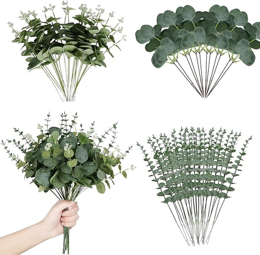 Coreland 120 Pcs 3 Kinds Mixed Artificial Eucalyptus Leaves Stems Fake Silver Dollar Eucalyptus Leaves Stem Bulk Faux Leaf for DIY Bouquets Floral Arrangement Wedding Home Decor