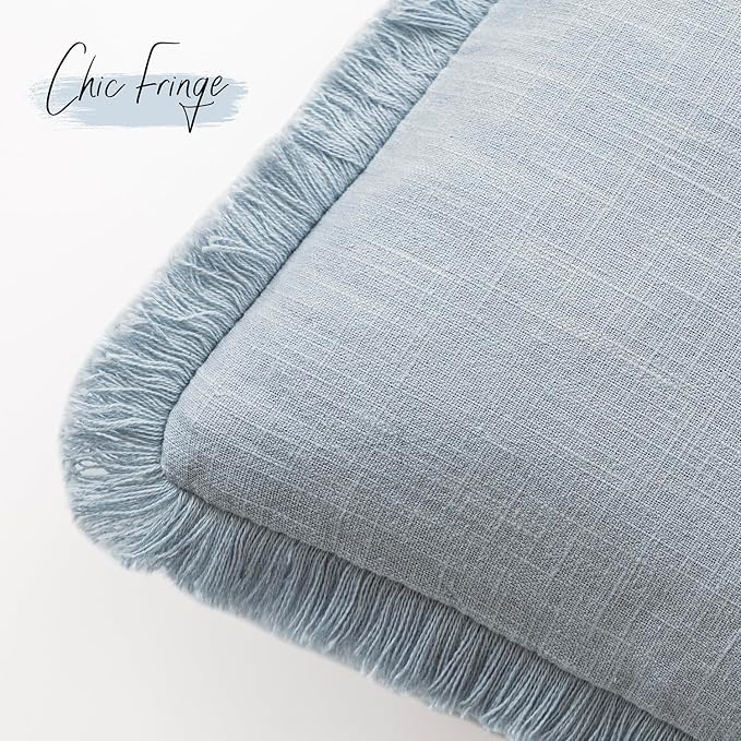 Foindtower Set of 2 Decorative Linen Fringe Throw Pillow Covers Boho Farmhouse Cushion Cover with Tassels Soft Accent Pillowcase for Couch Chair Sofa Bed Living Room Home Decor,22×22 Inch,Sky Blue