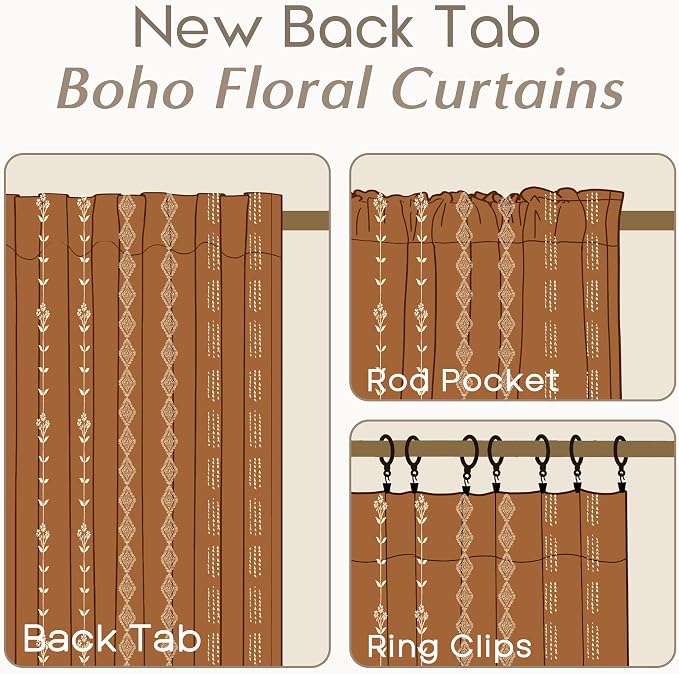 Burnt Orange Bohemian Sheer Curtains, Hippie Boho Printed Drapes for Living Room Bedroom 96 Inch Long 2 Panel Set