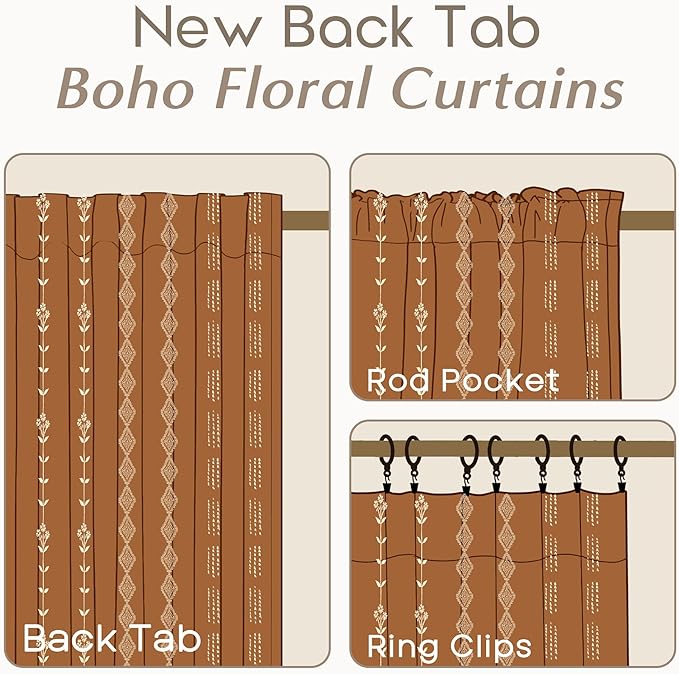 Burnt Orange Bohemian Sheer Curtains, Floral Pattern Boho Hippie Curtains for Living Room Bedroom Dining Room 2 Panels 84 Inches Long