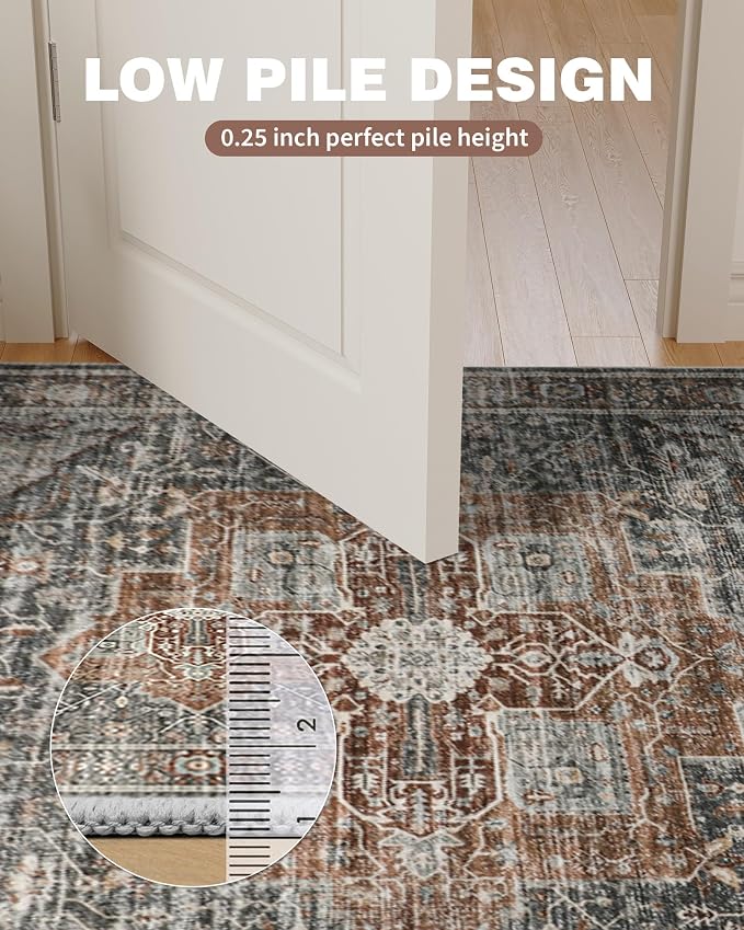 Roxstand Washable 6ft Round Rug - Vintage Non-Slip Circle Rugs for Living Room, Low-Pile Stain Resistant Round Area Rug for Bedroom Dining Room (Grey/Brown/Tan)