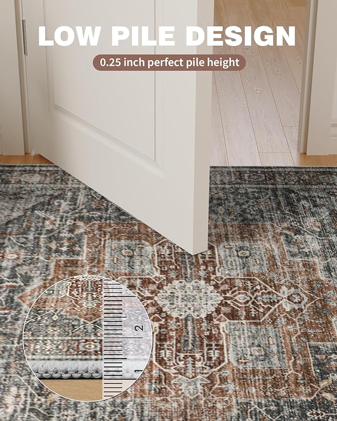 Roxstand Area Rugs 9x12 Living Room, Vintage Soft 9x12 Rug with Non-Slip Backing, Low Pile Stain Resistant Large Washable Area Rug for Dining Room, Bedroom, Office (Grey/Brown/Tan, 9'x12')