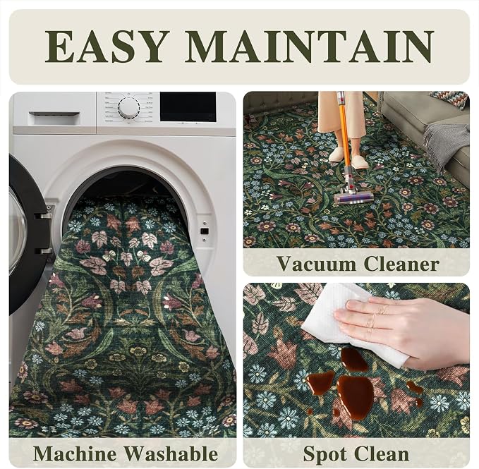 8x10 Washable Area Rug for Living Room, Green Floral Non-Slip Non-Shedding & Easy Care Soft Low Pile Forest Boho Indoor Floor Carpet for Living Room Bedroom Farmhouse Dining Room Kids Playroom
