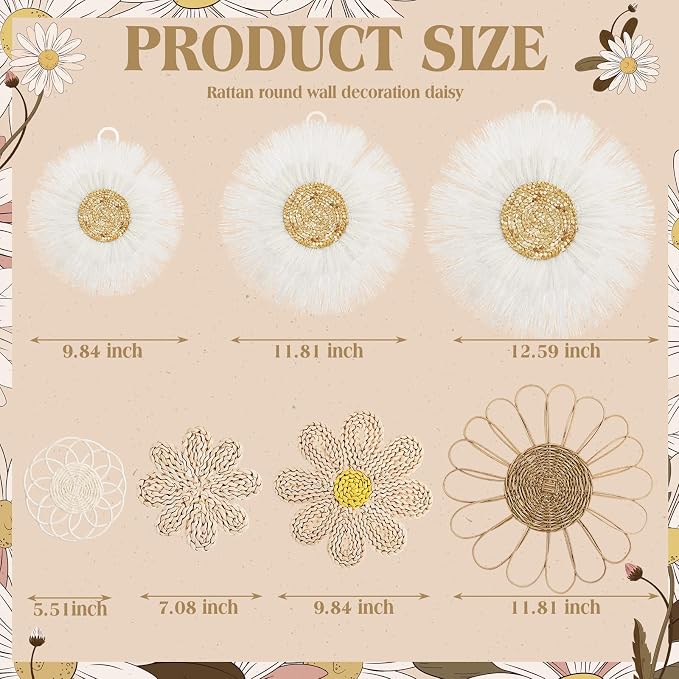 Chunful 7 Pcs Boho Wall Basket Decor Rattan Flower Wall Decor Nursery Daisy Flower Woven Macrame Hanging Flowers for Baby Kids Girls Farmhouse Bedrooms Living Rooms Kitchen Home(Milky White)