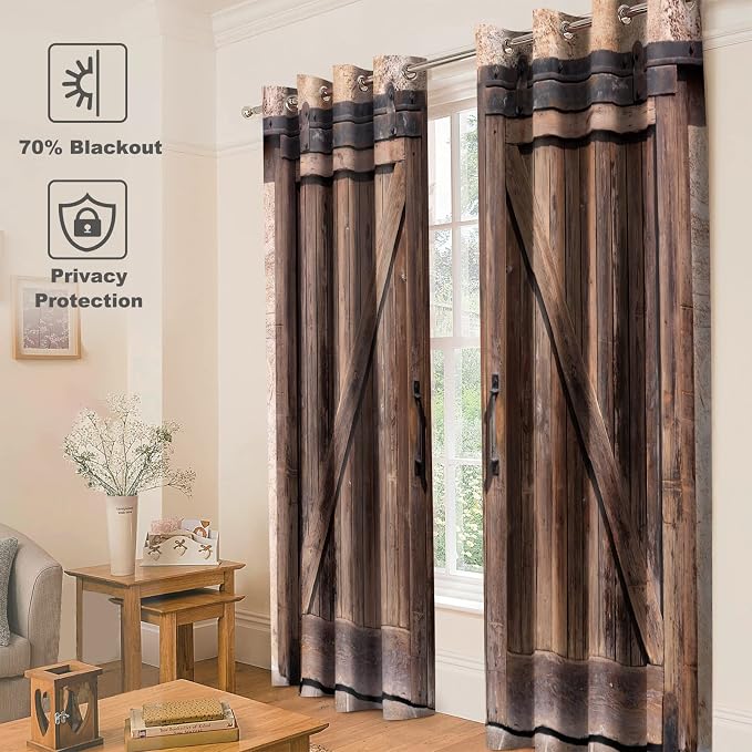 Jekeno Rustic Wood Blackout Curtains Vintage Wooden Barn Door Farmhouse Home Bedroom Living Room Decor Brown Grommet Window Drapes 2 Panel Set, 52"x84"