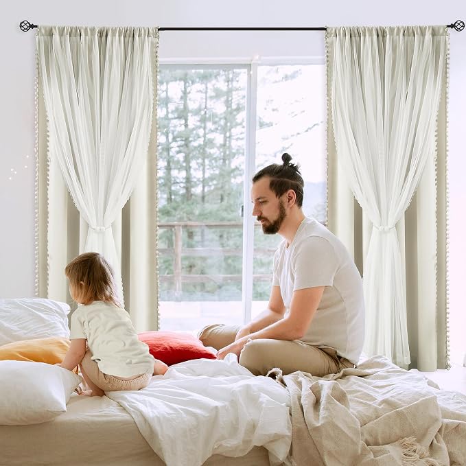 Pom-Pom Blackout Curtains with Sheer Overlay for Bedroom 84"L Ivory Mix and Match Double Layer Blackout Curtains for Living Room Nursery Kid's Room Drapes with Tiebacks Rod Pocket 52" W x2 Natural