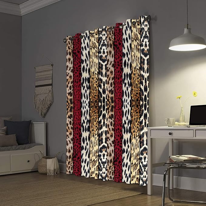 Wild Animal Print Curtain, Room Darkening Thermal Insulated Blackout Leopard Boa Window Drapes with Grommets for Living, Dining, Bedroom, Red Leopard Print, 52"x 84", 2 Panels