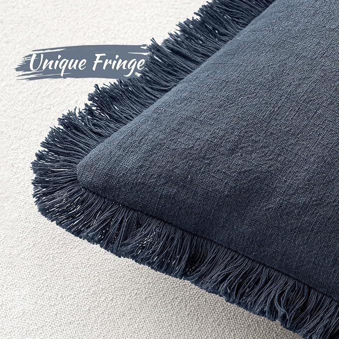 MIULEE Decorative Throw Pillow Covers Neutral Linen Fringe Throw Pillows Set of 2 Indigo Blue Boho Farmhouse Cushion Covers Coastal Decor for Couch Sofa Bed Living Room Spring Decor 18x18 Inch