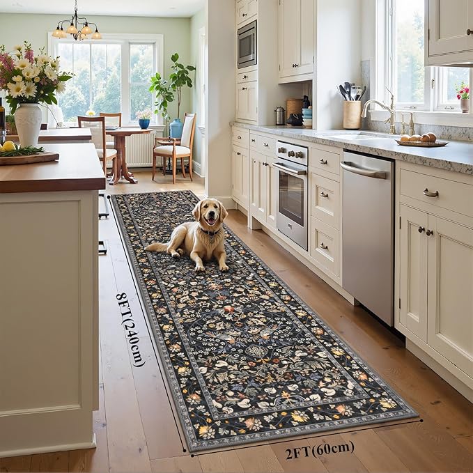 HEBE Washable Hallway Runner Rug 2'x 8' Non Slip Kitchen Rugs Runner, Low Pile Entryway Rug Laundry Room Mat Floral Carpet Runners for Hallways, Kitchen, Bathroom, Laundry, Bedside Rug