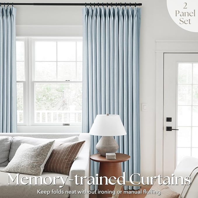 Greyish Blue Pinch Pleated Linen Curtains 63 Inch Length 2 Panels for Living Room Bedroom Textured Semi Sheer Drapes Pinch Pleat Rings Window Curtain 40x63