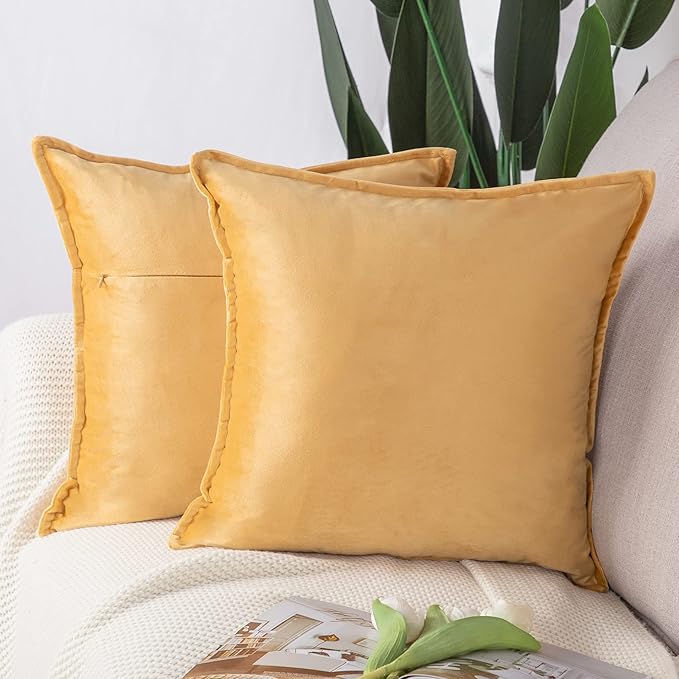 MADIZZ Set of 2 Super Soft Velvet Decorative Throw Pillow Covers 22x22 inch Gold Square with Fringe Luxury Style Cushion Case Pillow Shell for Sofa Bedroom