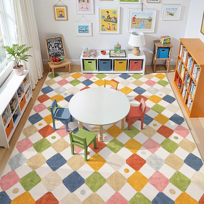 jinchan Macy 8x10 Kids Area Rug for Classroom Modern Colorful Nursery Rug Checkered Diamond Play Mat Washable Soft Non Slip Carpet for Playroom Living Room Bedroom Daycare Circus on Cream