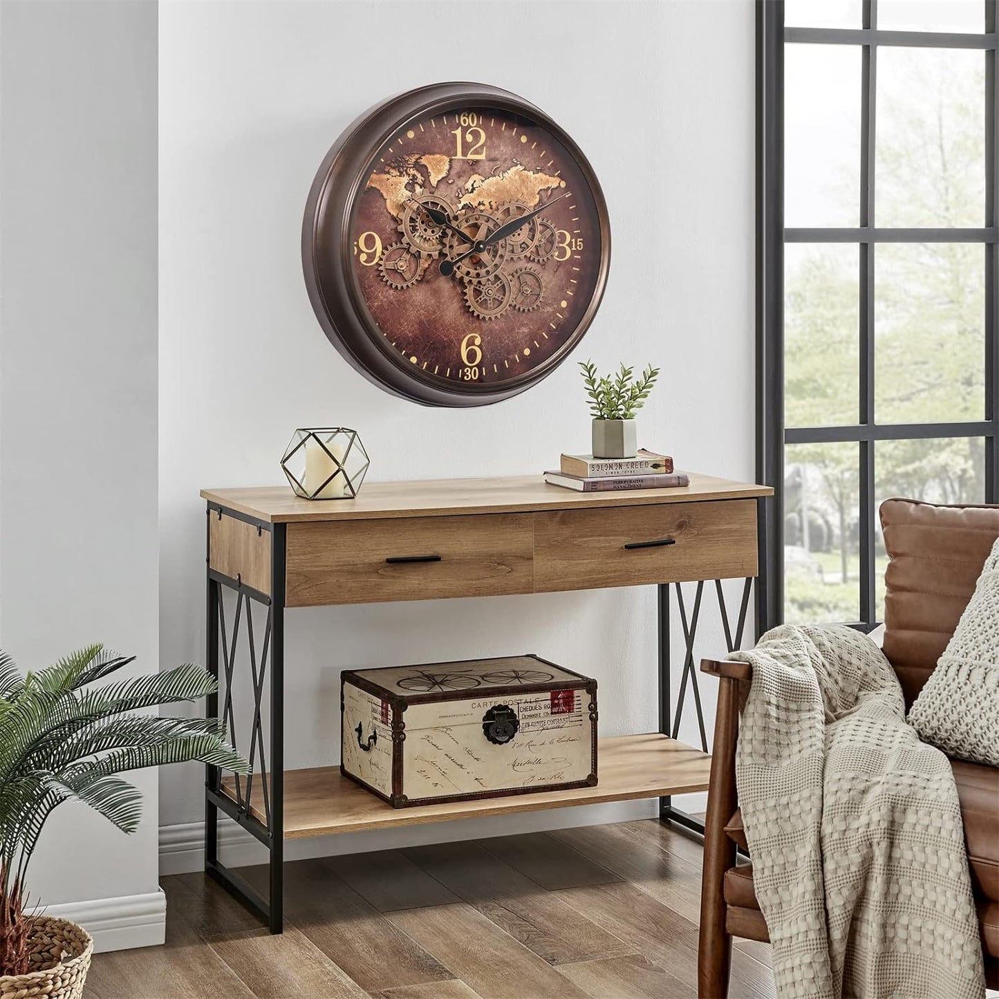 CLXEAST 24 Inch Large Wall Clock with Moving Gears, Industrial Clocks with World Map Dial, Oversized Cool Wall Clock for Living Room Decor,Oil Rubbed Bronze Brown