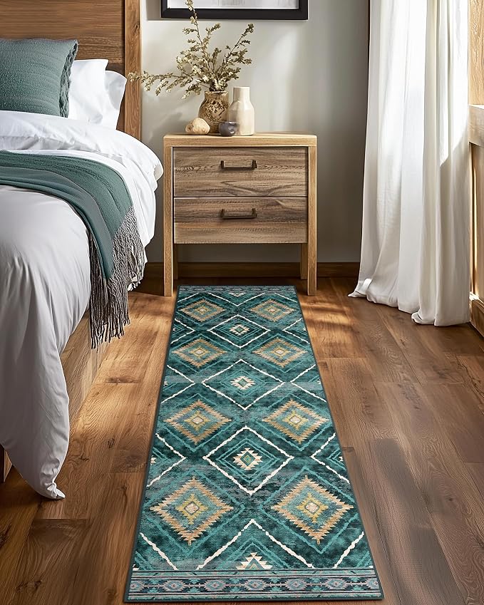 BESTSWEETIE Area Rug 2x8 Rug Machine Washable Non-Slip Low Pile Print Pattern Western Rug for Living Room Bedroom Entryway Tribal Series -Teal/Green