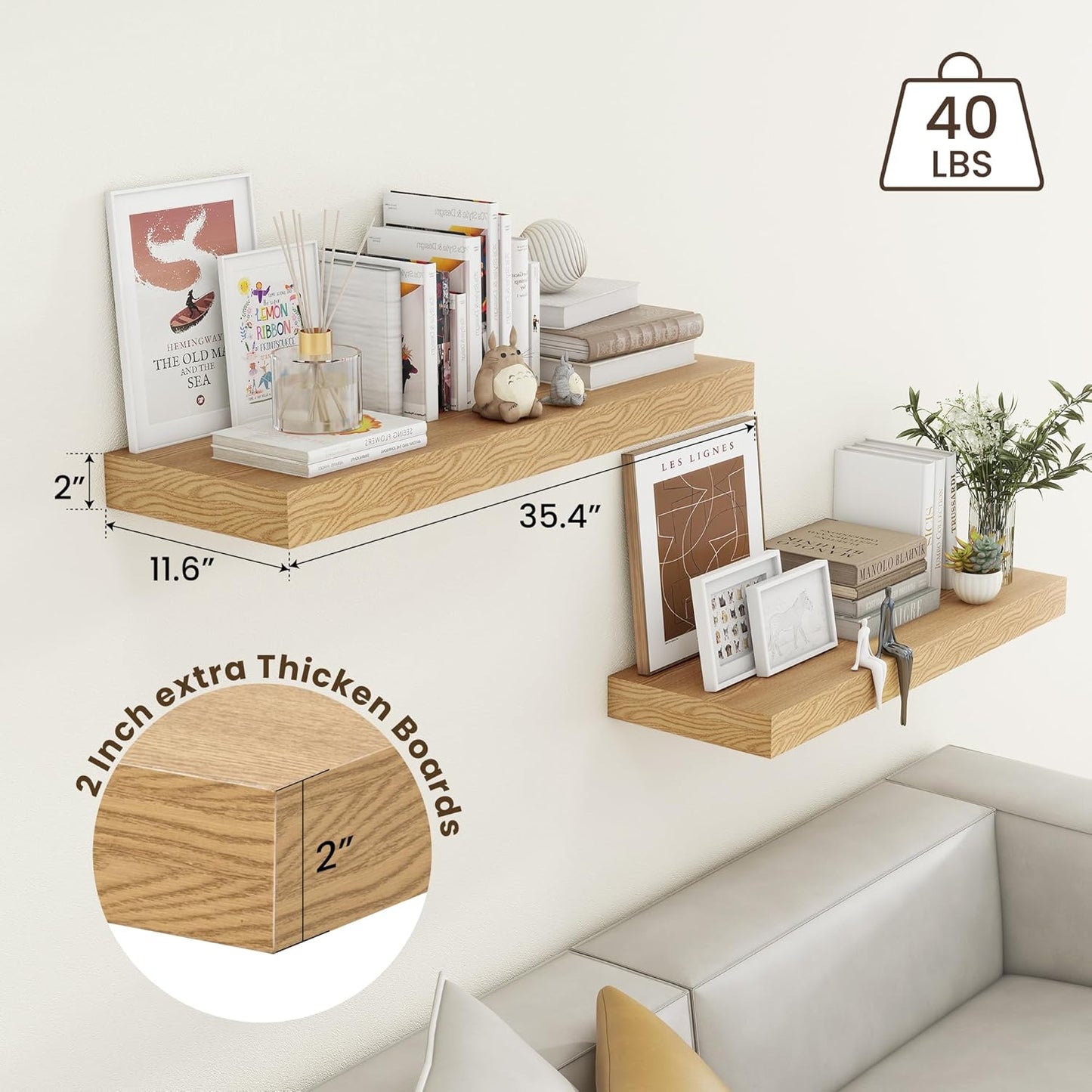 Deep Floating Shelves for Wall, 35.4W x 11.6D Rustic Large Wall Shelves Set of 2, 11.6 Inch Deep Oak Shelves 35.4 Inches Long, Bookshelf Laundry Shelf TV Shelf