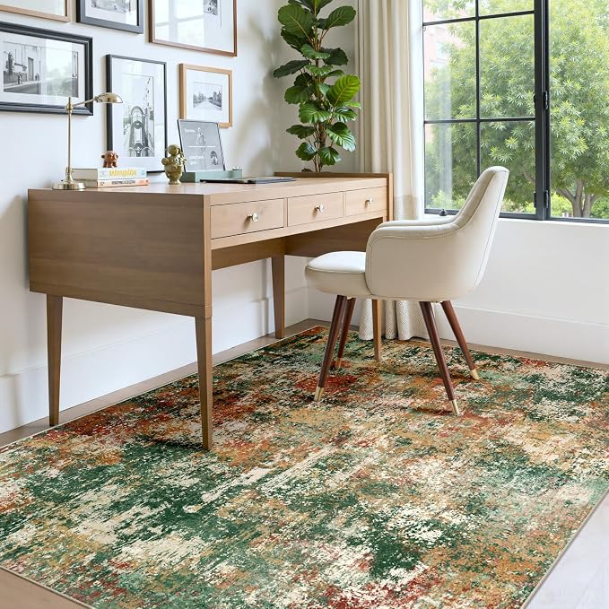 RELEANY Washable Area Rugs 7'x9' Non-Slip Modern Abstract Soft for Living Room Entryway Bedroom Kitchen, Print Pattern, Green Orange Rust Red Cream Colorful