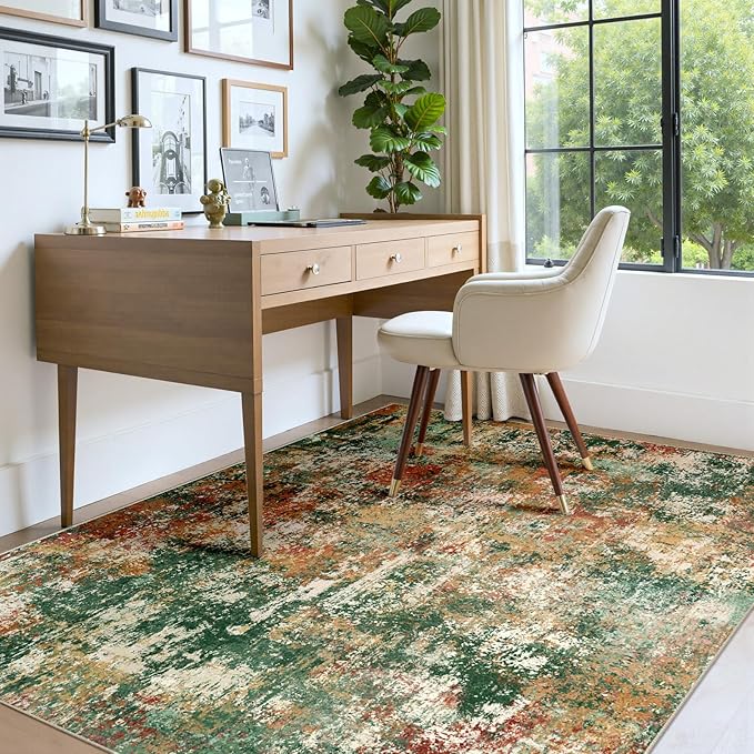 RELEANY Washable Area Rugs 6'x8' Non-Slip Modern Abstract Soft for Living Room Entryway Bedroom Kitchen, Print Pattern, Green Orange Rust Red Cream Colorful