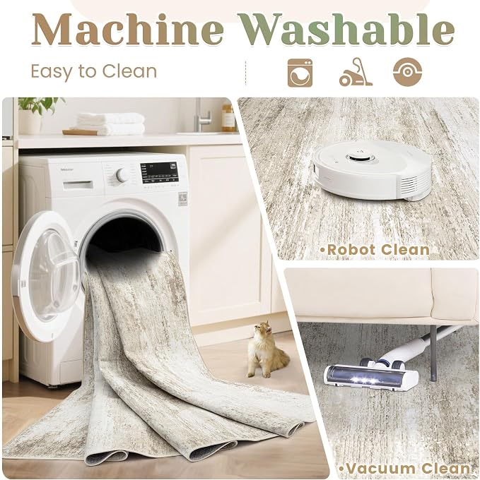 Washable Rug 5x7 Area Rugs for Living Room: Neutral Soft Rug Abstract Non Slip Low Pile Modern Carpet for Bedroom Kitchen Nursery Office Dining Room Indoor (Beige, 5'x7')