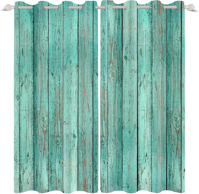 Mint Green Window Curtains Vintage Rustic Wood Plank Old Barn Door Garage Door Vertical Striped Wood Farmhouse Rural Farm Style Living Room Bedroom Drapes Treatment,53x63 inch,2 Panels
