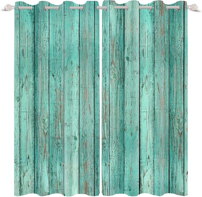 Mint Green Window Curtains Vintage Rustic Wood Plank Old Barn Door Garage Door Vertical Striped Wood Farmhouse Rural Farm Style Living Room Bedroom Drapes Treatment,42x63 inch,2 Panels