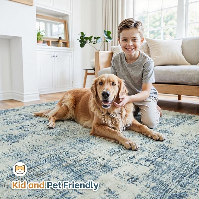 9x12 Area Rugs Washable Rug: Anti-Skid Abstract Modern Living Room Rug Soft Thin Carpets Indoor Floor Non-Shedding Carpet for Bedroom Dining Farmhouse Nursery Home Office (Blue Gray/Gold, 9'x12')