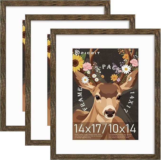 Picrit 14x17 Picture Frame 3 Pack, Wooden Brown Rustic Poster Frame, Display Poster 10 x 14 with Mat or 14 x 17 without Mat for Horizontal or Vertical Wall Mounting