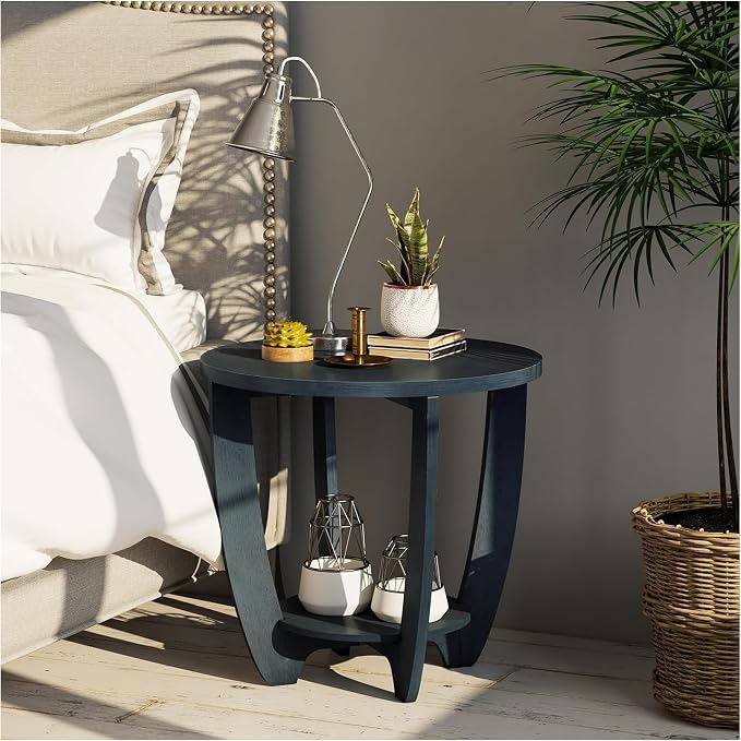 COZAYH Rustic Farmhouse End Table with Storage Shelf, French Country Modern Round Accent Side Table for Small Spaces, Vintage Blue Finish