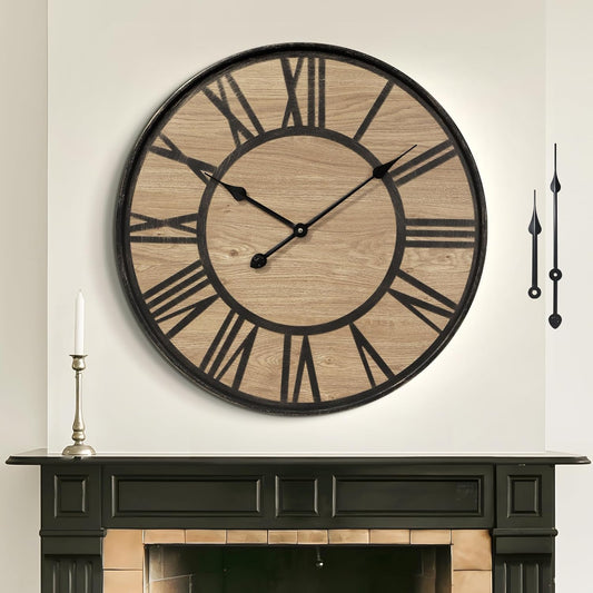 Large Wall Clock for Living Room Decor, Non Ticking Silent, Battery Operated Modern Vintage Wood Oversized Decorative Wall Clock for Bedroom Kitchen Farmhouse Office Decor