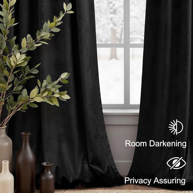 Black Velvet Curtains for Living Room 108 Inches Long 2 Panels Heat Noise Reducing Black Out Drapes for Sliding Door Movie Theater Man Cave Masculine Modern Victorian Vintage Bedroom Decor 9ft Length
