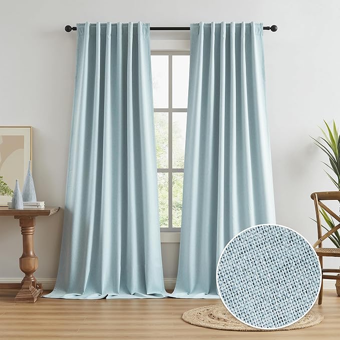 KEQIAOSUOCAI Extra Long 108 Inch Full Blackout Curtains for Large Window, Linen Textured Back Tab Hook Belt Pleated Tall Drapes for Living Room Dining 2 Panels Set, 50 Wide, 9 FT, Light Sky Blue