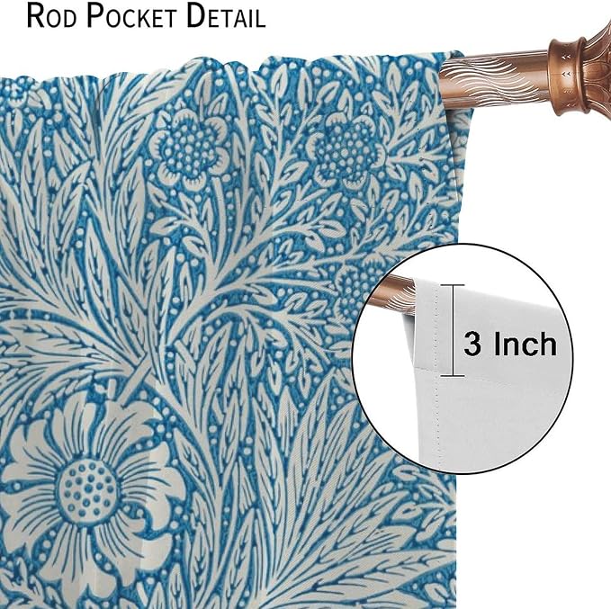 Bohe Vintage Floral Blackout Windows Curtains, William Morris Original Design Blue Flower Pattern Rod Pocket Curtains, for Living Room Bedroom 21(W)*45(L) 2 Panels
