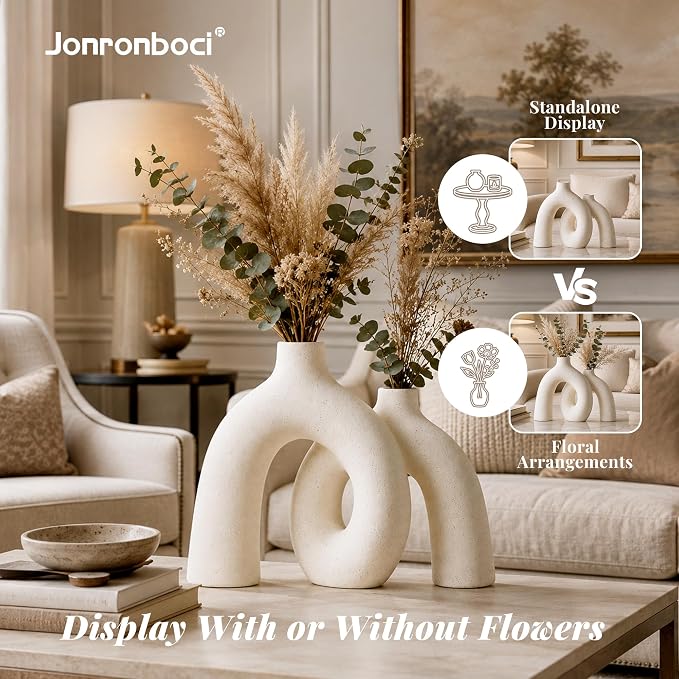 Hug Donut Decorative Vase Set - Modern Nordic Boho Style Vases Home Decor, Matte Ceramic Decorations for Living Room Shelf, Bookshelf Mantle Entryway Table or Console Décor (Cream White)