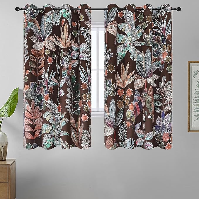 Estelar Textiler Brown Boho Floral Leaves Pattern Curtains Window Drapes for Living Room,Botanical Printing Design Grommet Thermal Insulated Curtains Home Decoration,52x63 Inch,2 Panels